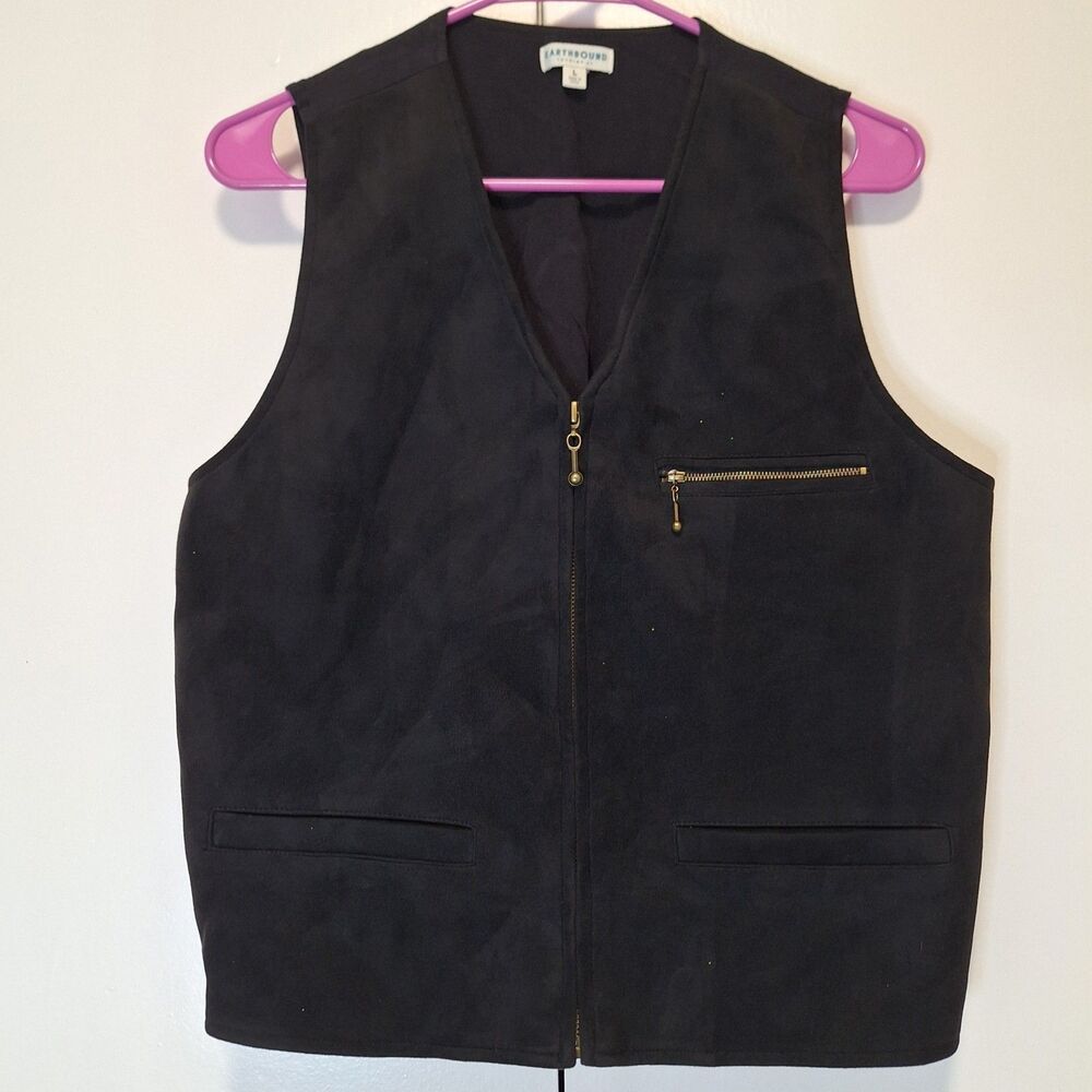 Earthbound Trading Co Vest Size L Black Faux Suede Zip Front Large
